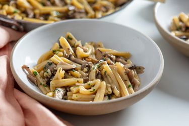 two servings of pasta ai funghi in Jono Pandolfi ceramic bowls