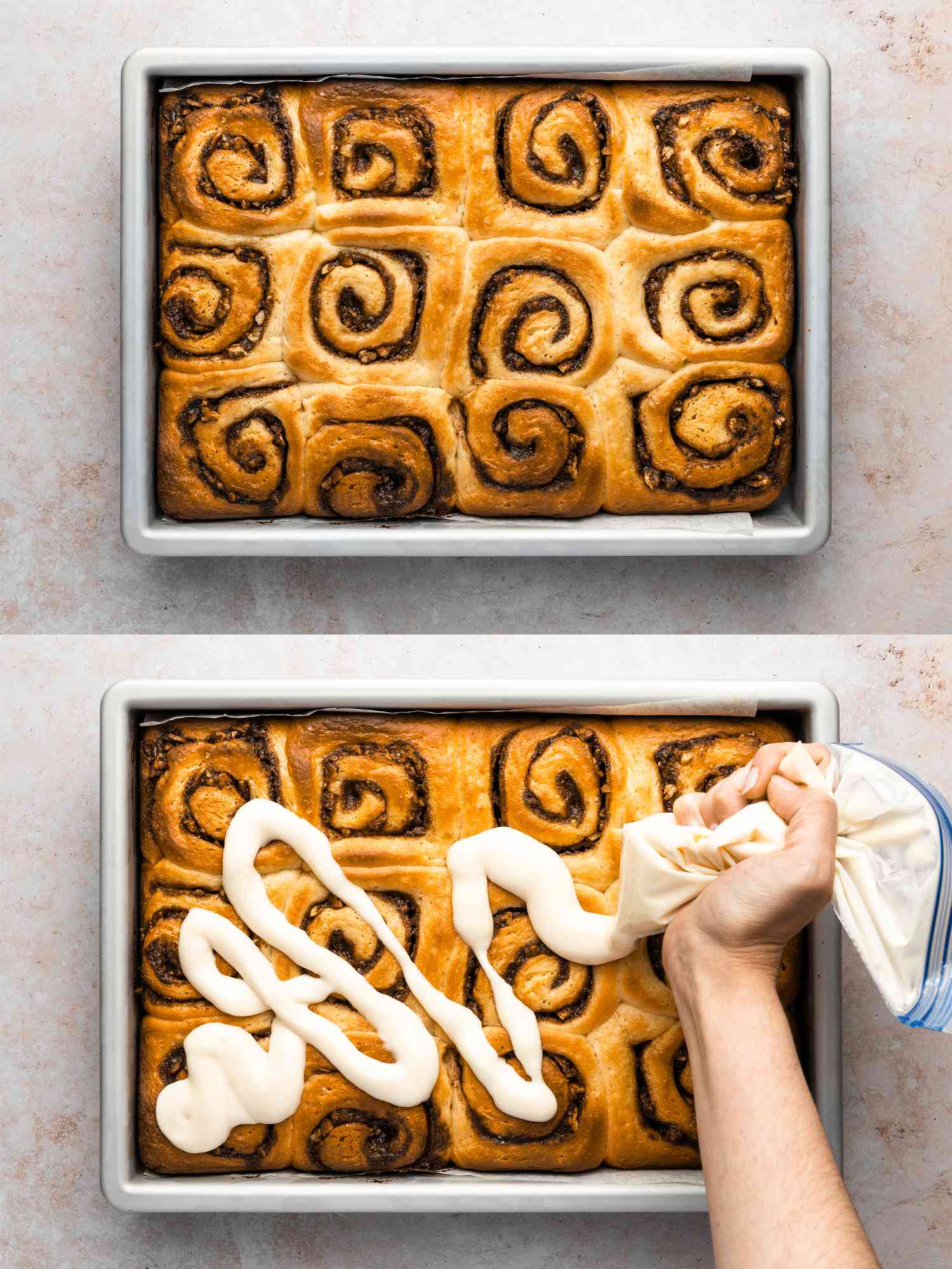 Lightly browned rolls and photo of someone squeezing frosting over cinnamon rolls