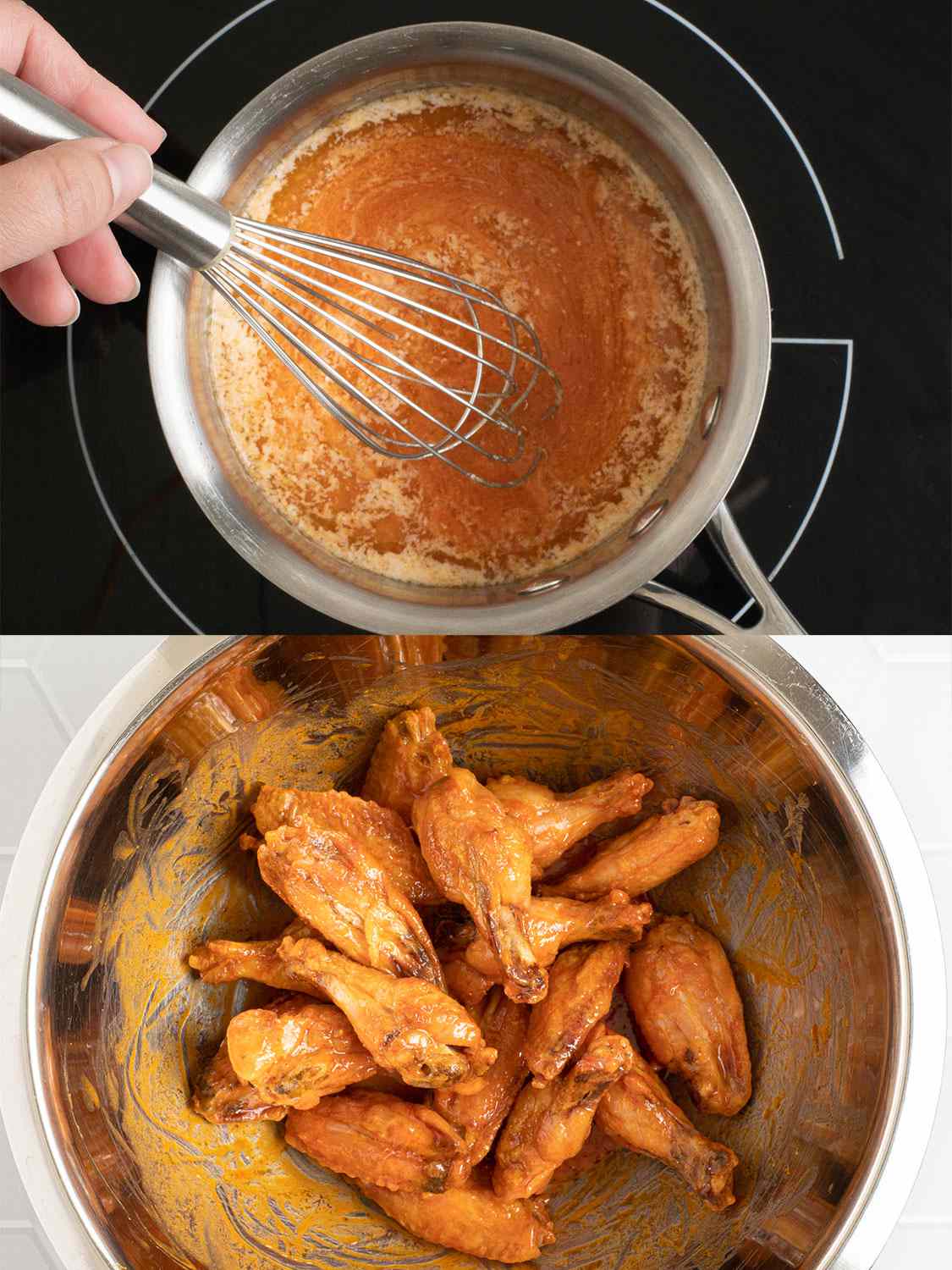 A two image collage showing the buffalo sauce being whisked together in a saucepan, and then the cooked wings being tossed with the sauce in a metal mixing bowl.