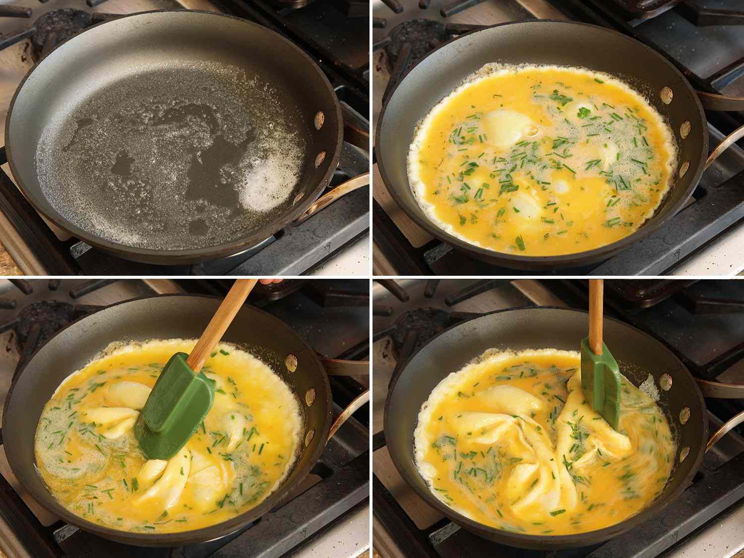 四幅拼贴画展示了煎蛋卷的鸡蛋正在煮。