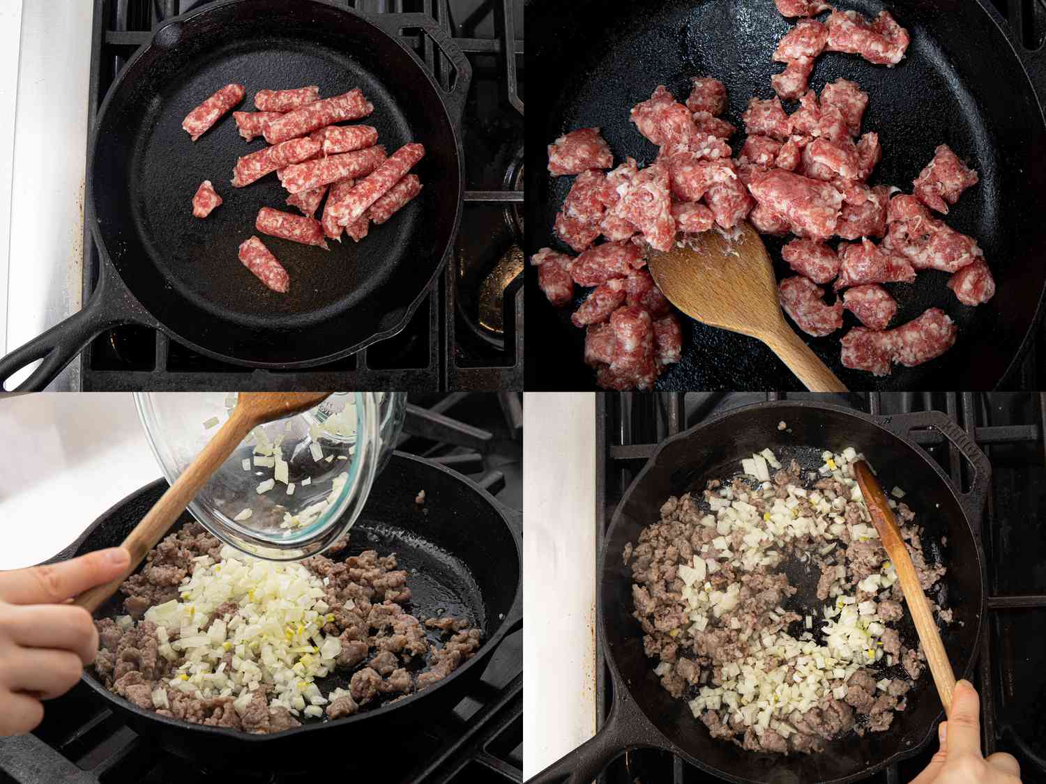 四个图像拼贴的俯视图烹饪香肠和洋葱