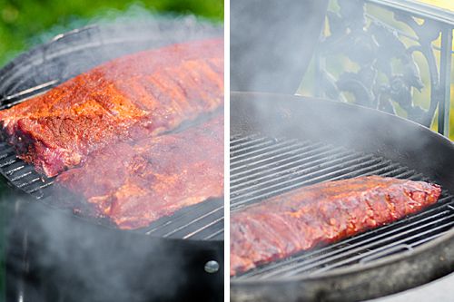 Two photos of two racks of ribs smoking