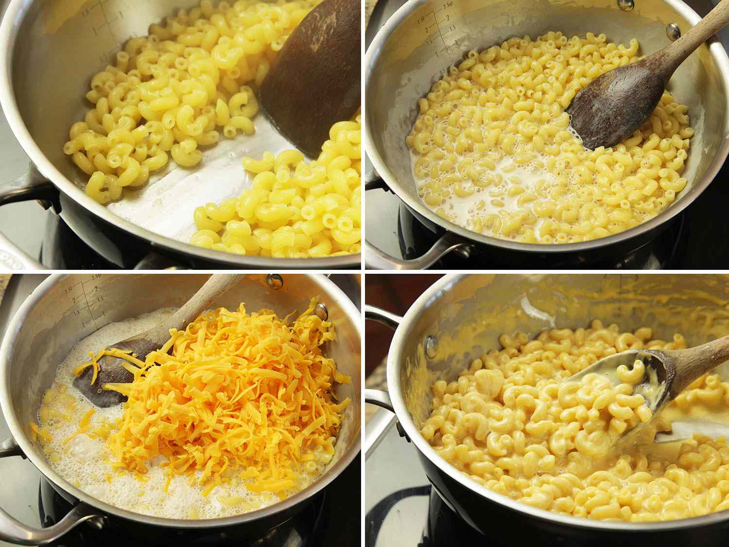 一个拼贴画的四张相片展示材料华体会应用下载being added. The top left image shows the cooked pasta in a dry pan. The top right image shows the pasta in a pan with milk added. The bottom left image shows the pasta, milk, and shredded cheddar in a pan. The bottom right image shows all of the ingredients mixed together, with the milk and cheese being fully emulsified into a combined sauce.