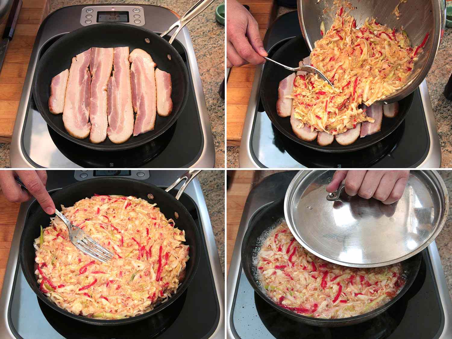 A collage showing sliced pork belly being topped with okonomyaki batter in a pan