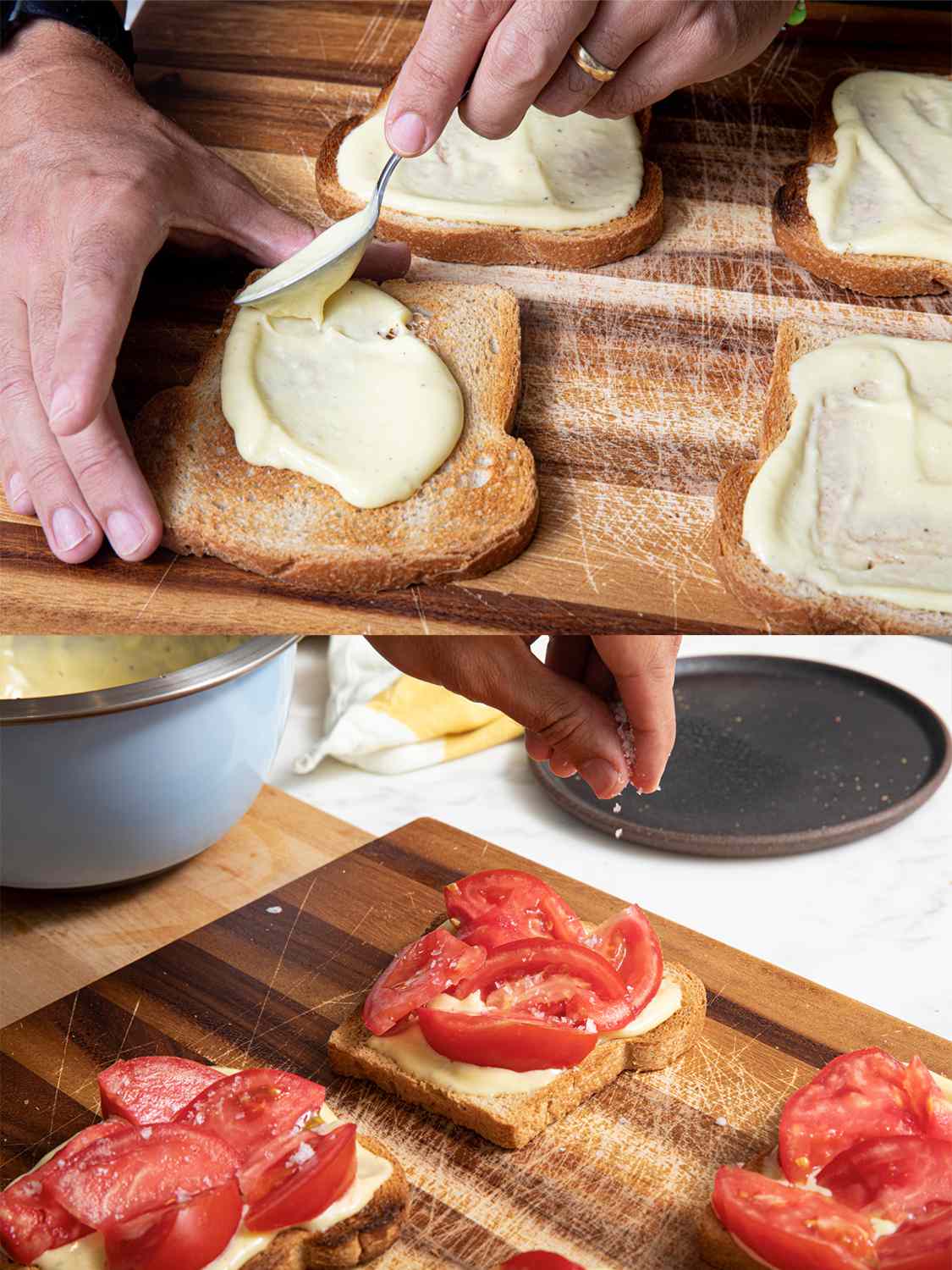 Two Image Collage. Top Image: Mayo being slathered on four pieces of toast on a cutting board. Bottom Image: A hand sprinkling salt on a finished tomato toast