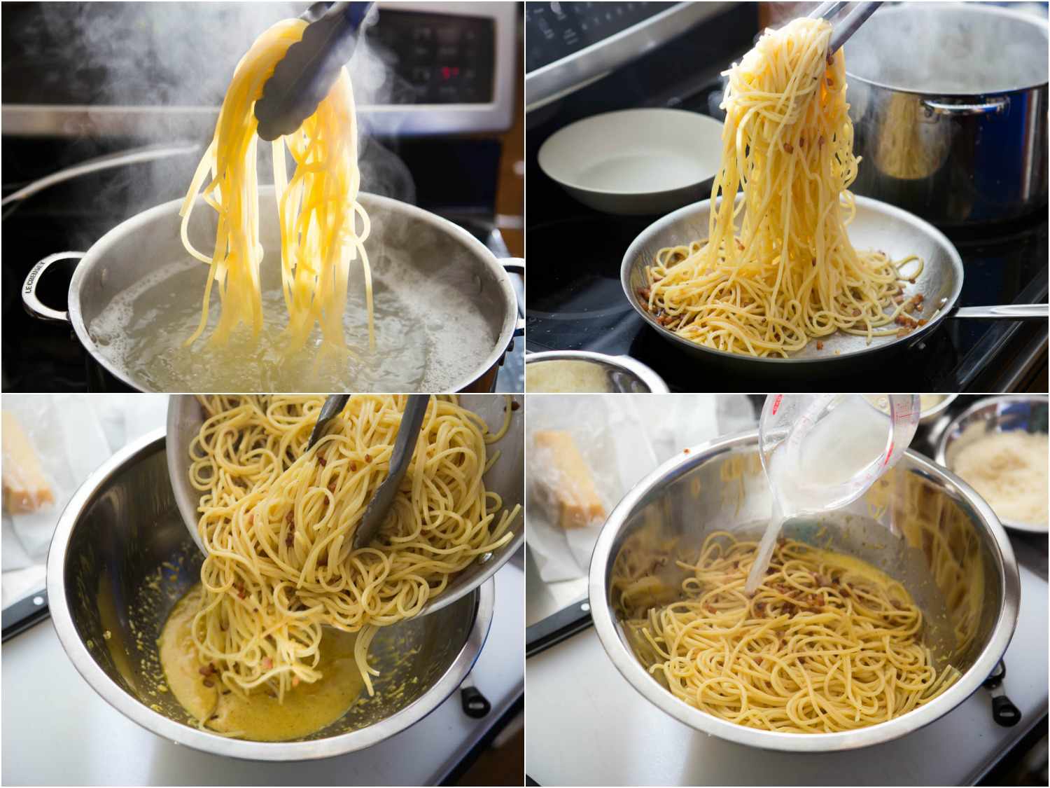 意大利通心粉的步骤拼贴照片，显示煮沸的意大利面，将其添加到煎锅中，用鸡蛋奶酪混合物和意大利面水转移到碗中。gydF4y2Ba