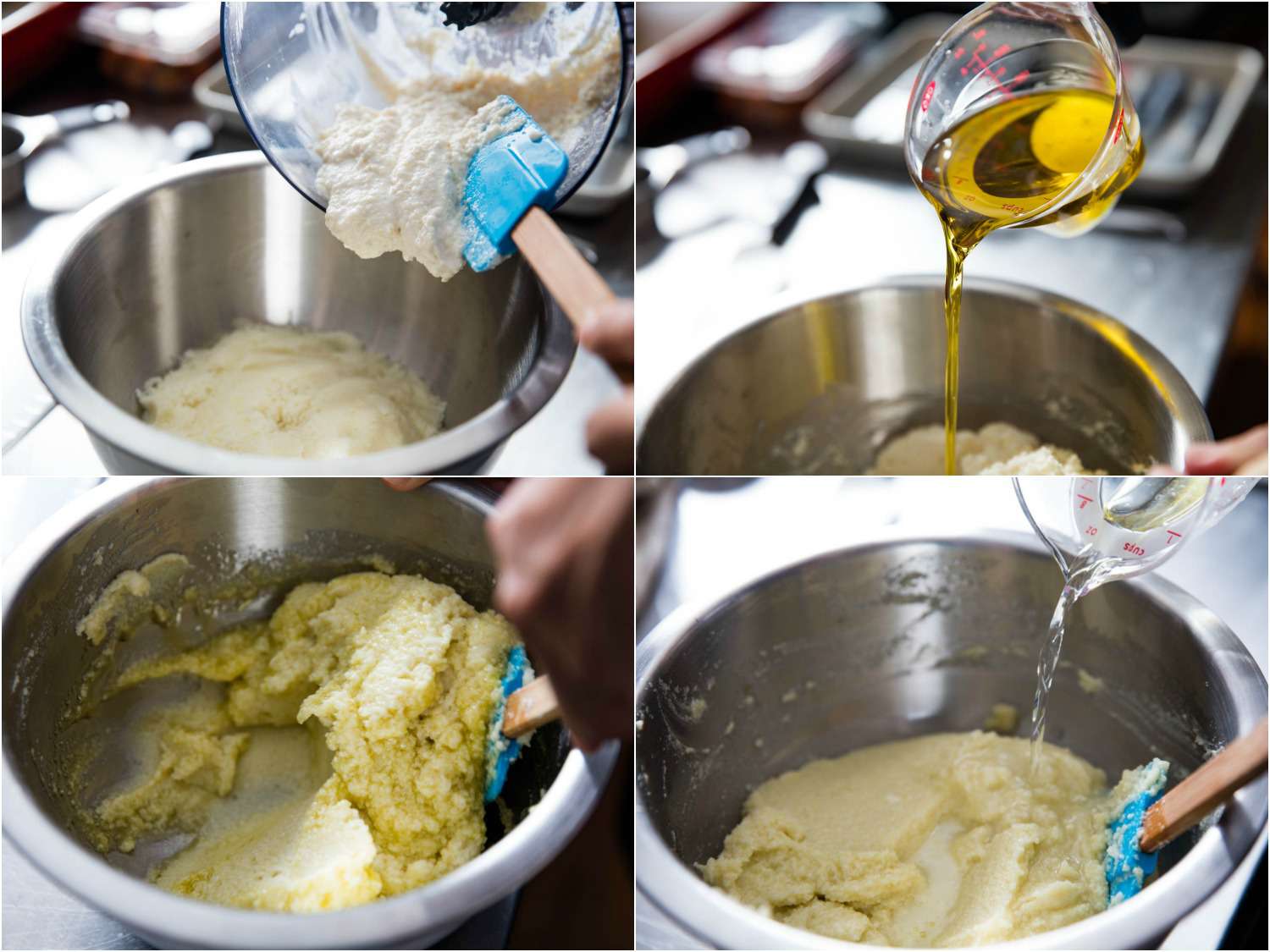 Collage of ingredients being added and mixed into Greek potato puree in silver mixing bowl.
