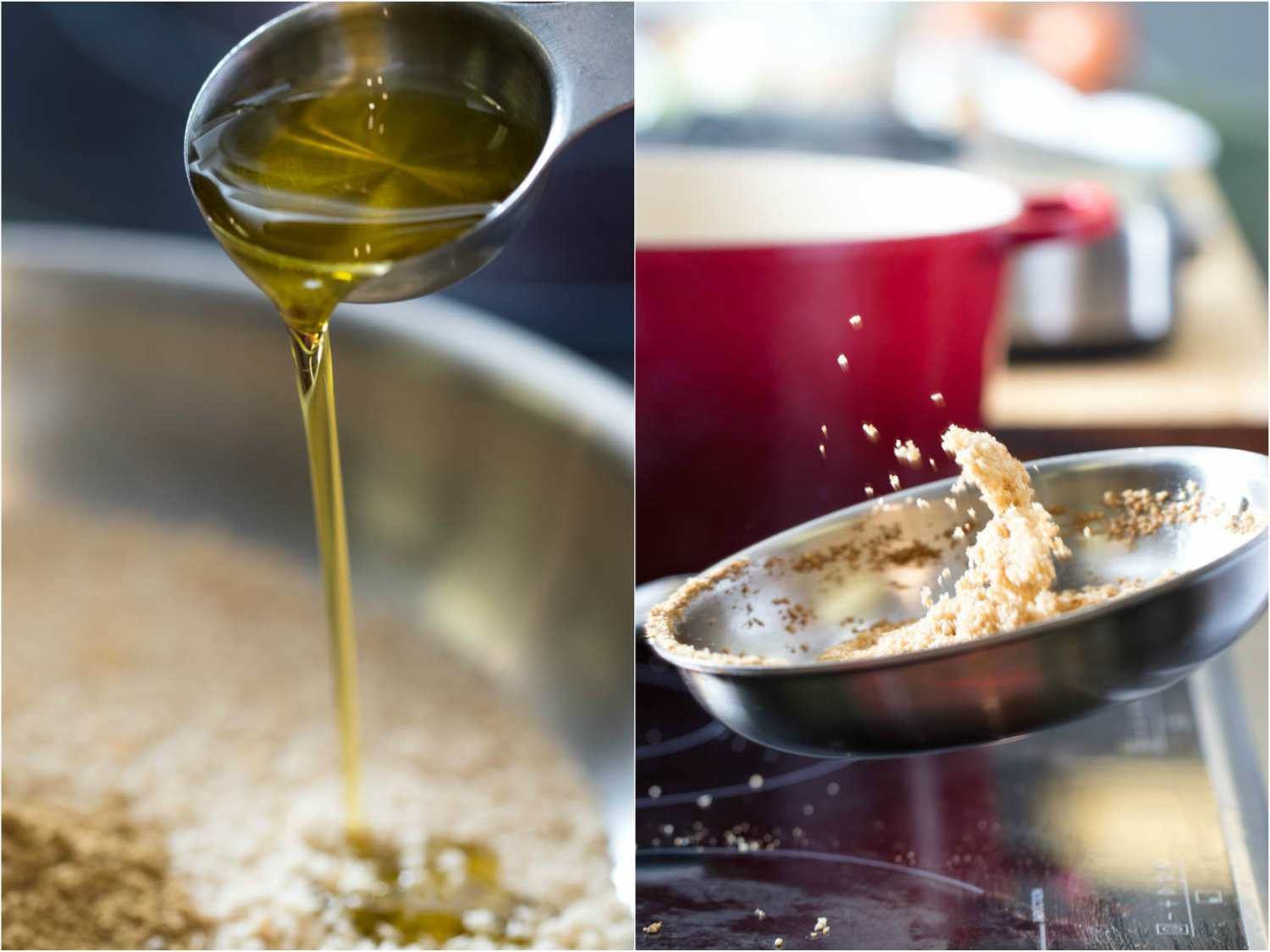 两张照片并排拼贴，在面包屑上淋上橄榄油，然后在煎锅里搅拌烤好的面包屑。gydF4y2Ba