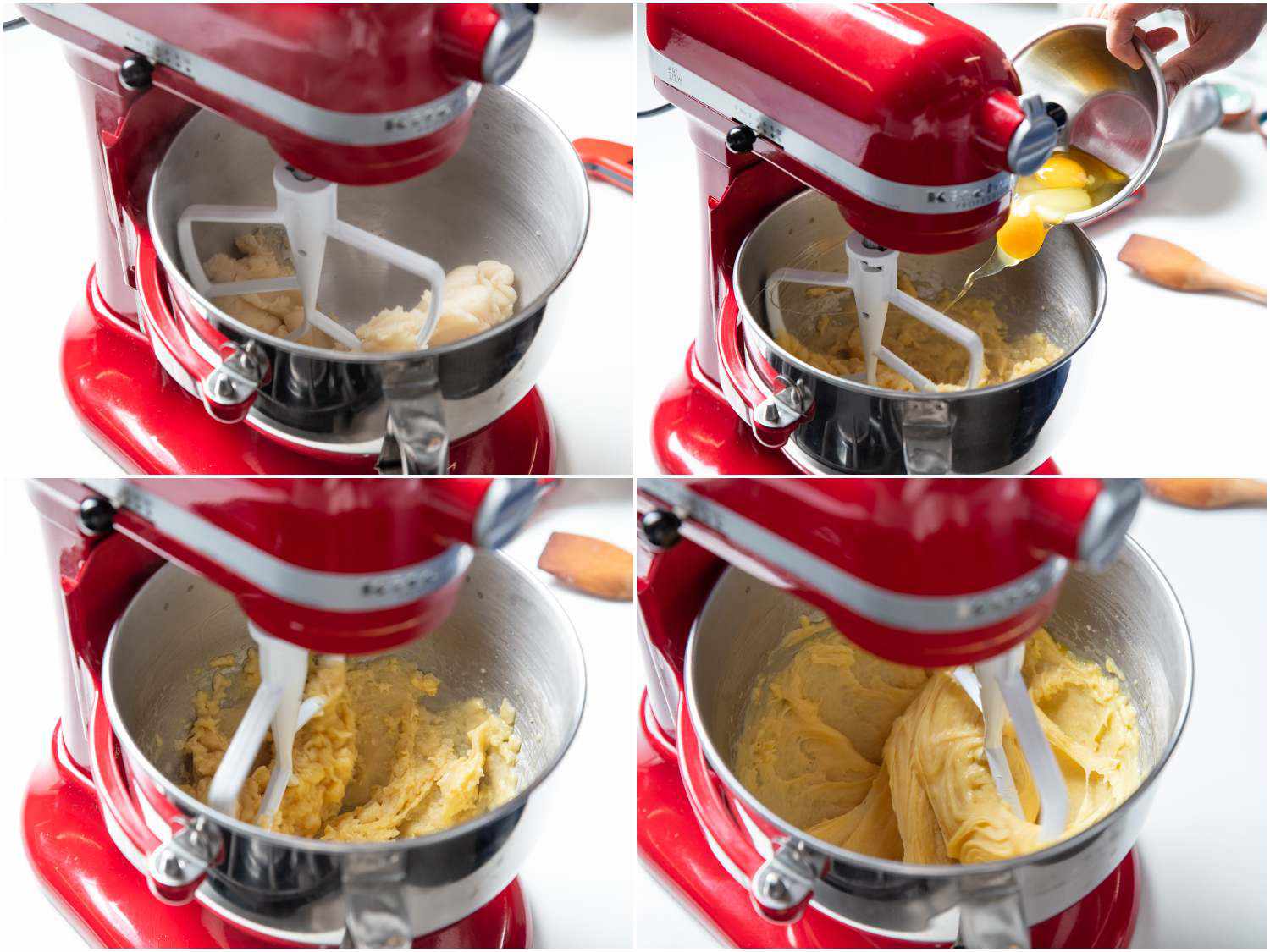 A four image collage of eggs being added and mixed with the flour paste. The top left shoes the paste in a stand mixer. The top right shows eggs being poured into the paste. The bottom left shows the paste and the eggs being mixed together. The bottom right shows the mixture fully incorporated.