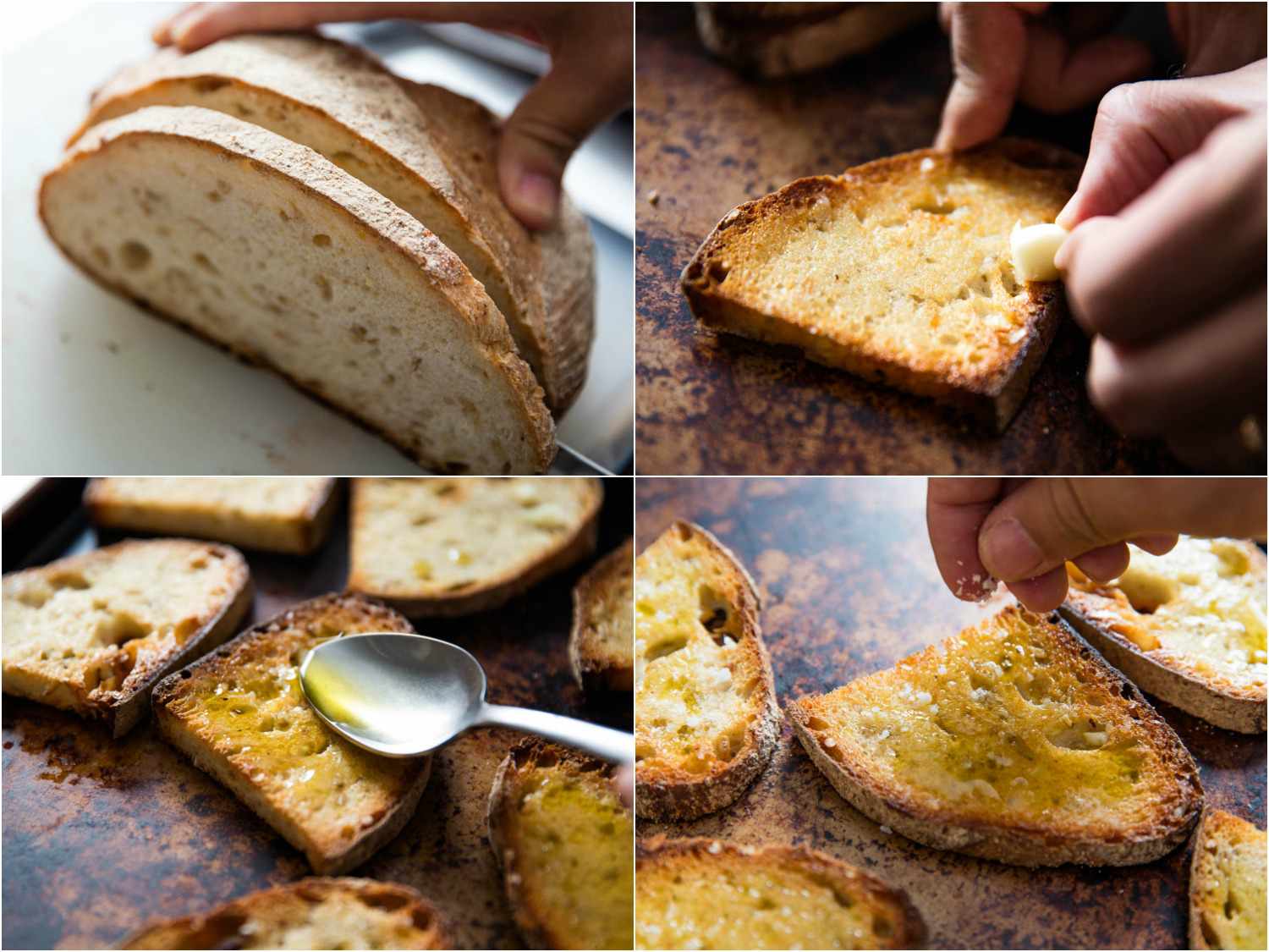 Collage of bread being sliced, toasted, rubbed with a garlic clove, and topped with olive oil and salt.