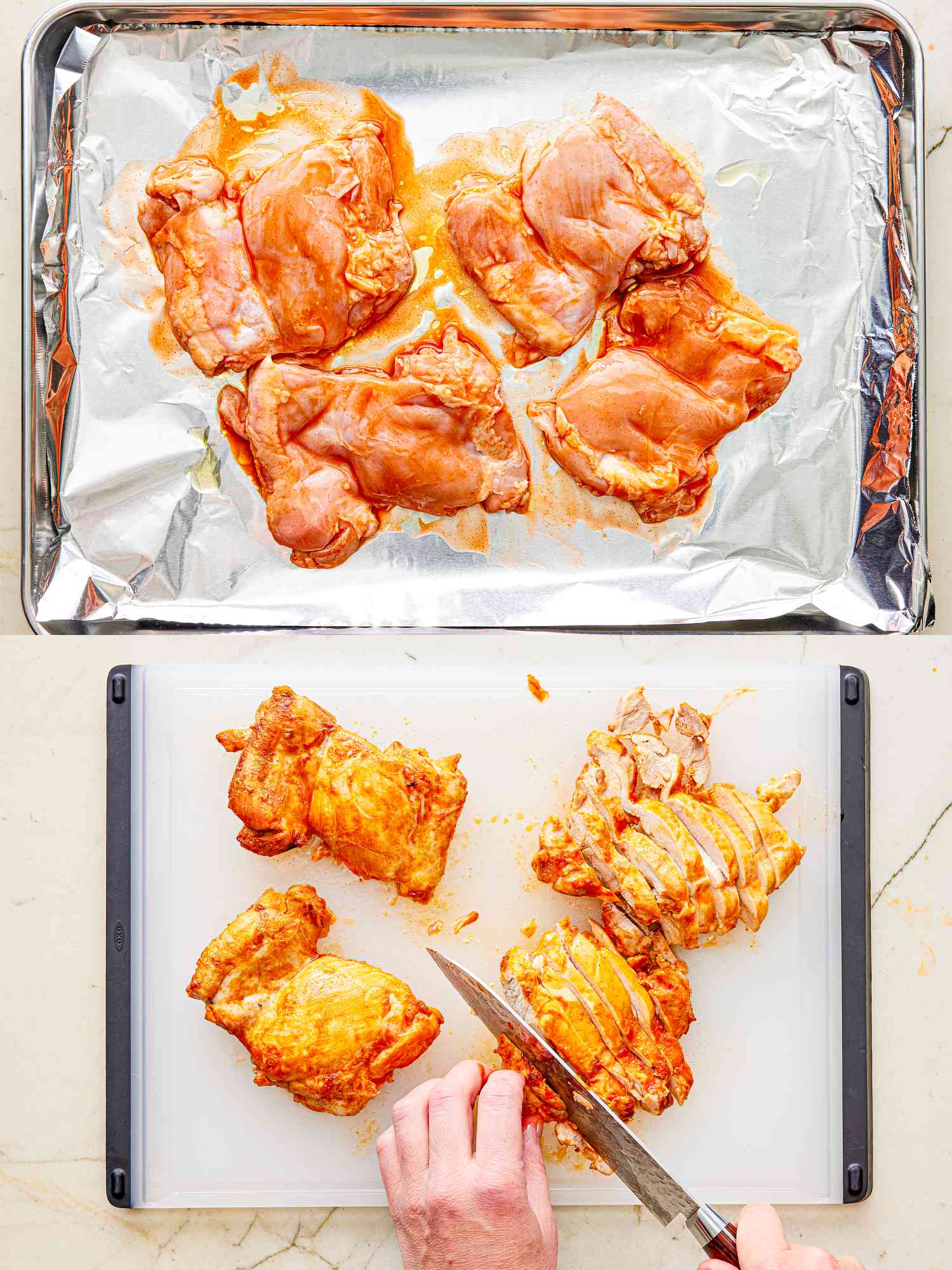 Two image collage of chicken on a baking sheet and cut up after being baked