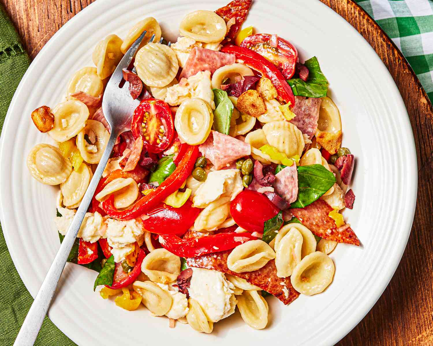 Overhead close up of italian pasta salad