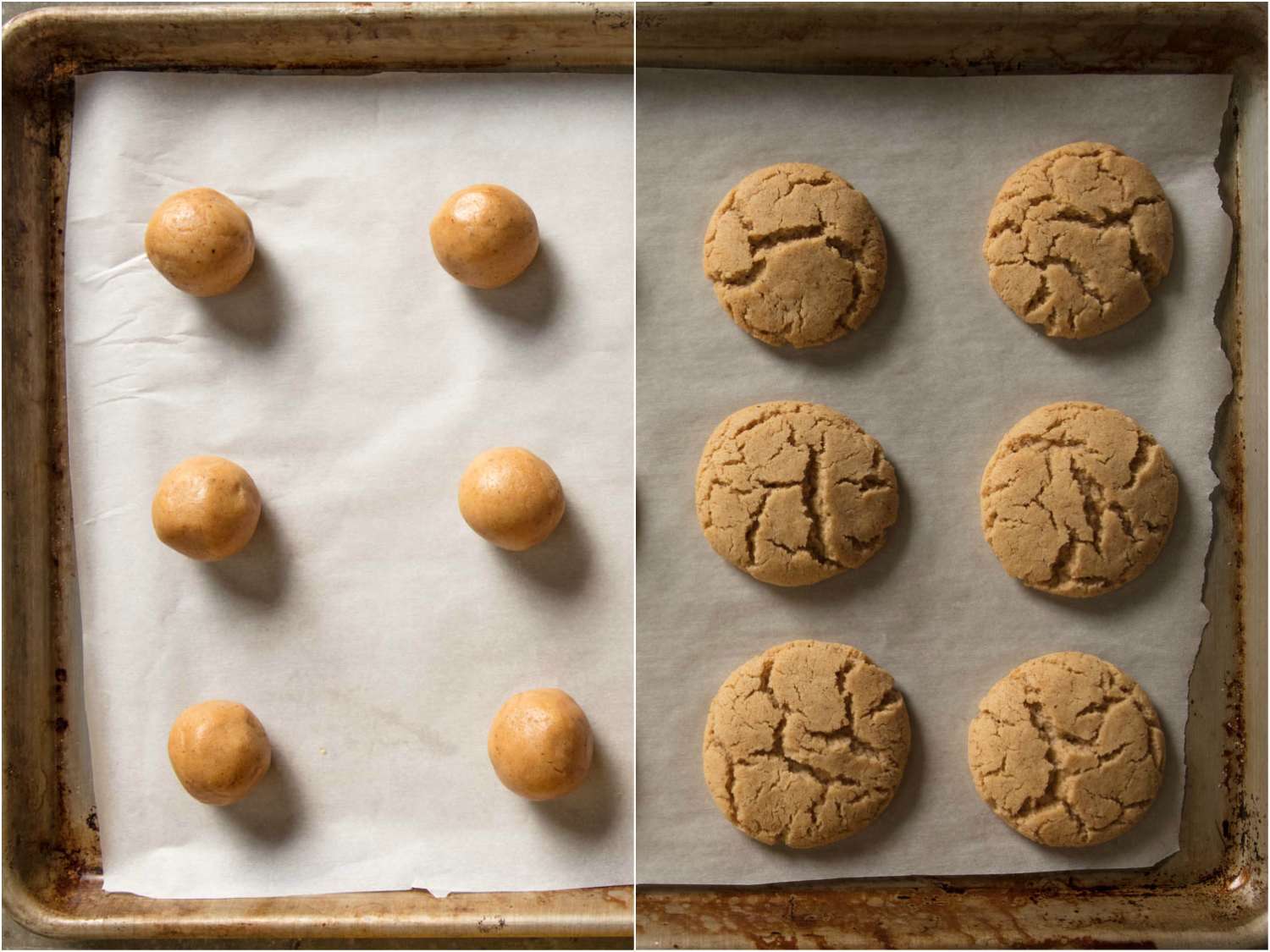 Composite of hazelnut sugar cookie dough before and after baking.