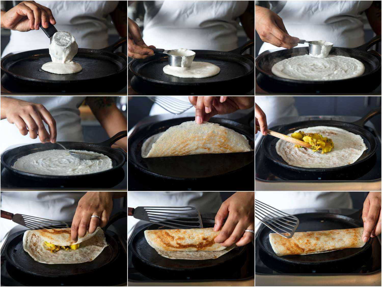 A nine-image collage showing stages of making a dosa: dropping batter onto a griddle, smoothing into a round, lifting edges, adding filling, and folding over.