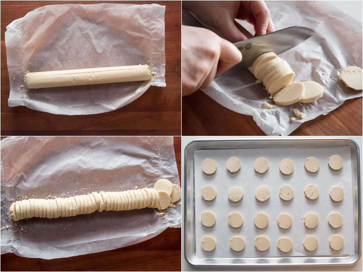 Collage of slicing the log of cookie dough and slices arranged on parchment-lined sheet pan.