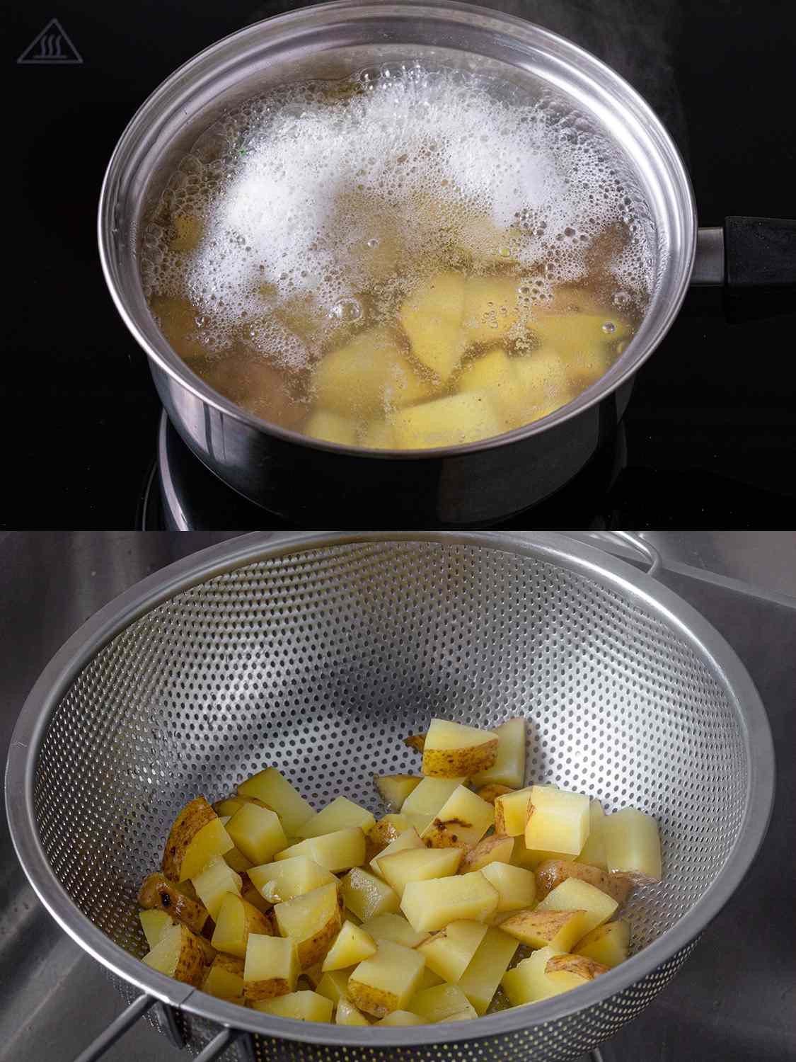 土豆在水中煮沸，然后用滤锅沥干水分