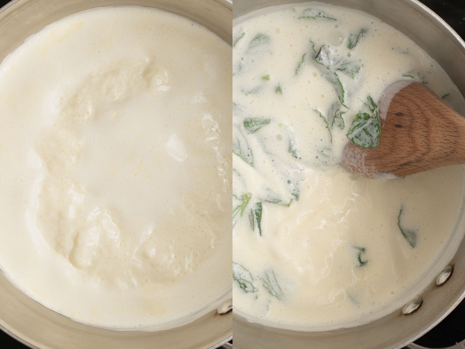 两个漂亮的图像。牛仔裤显示，把乳膏和奶油奶油在烤箱里有奶油。皮肤显示，牛奶在牛奶里把牛奶洒在黄油里