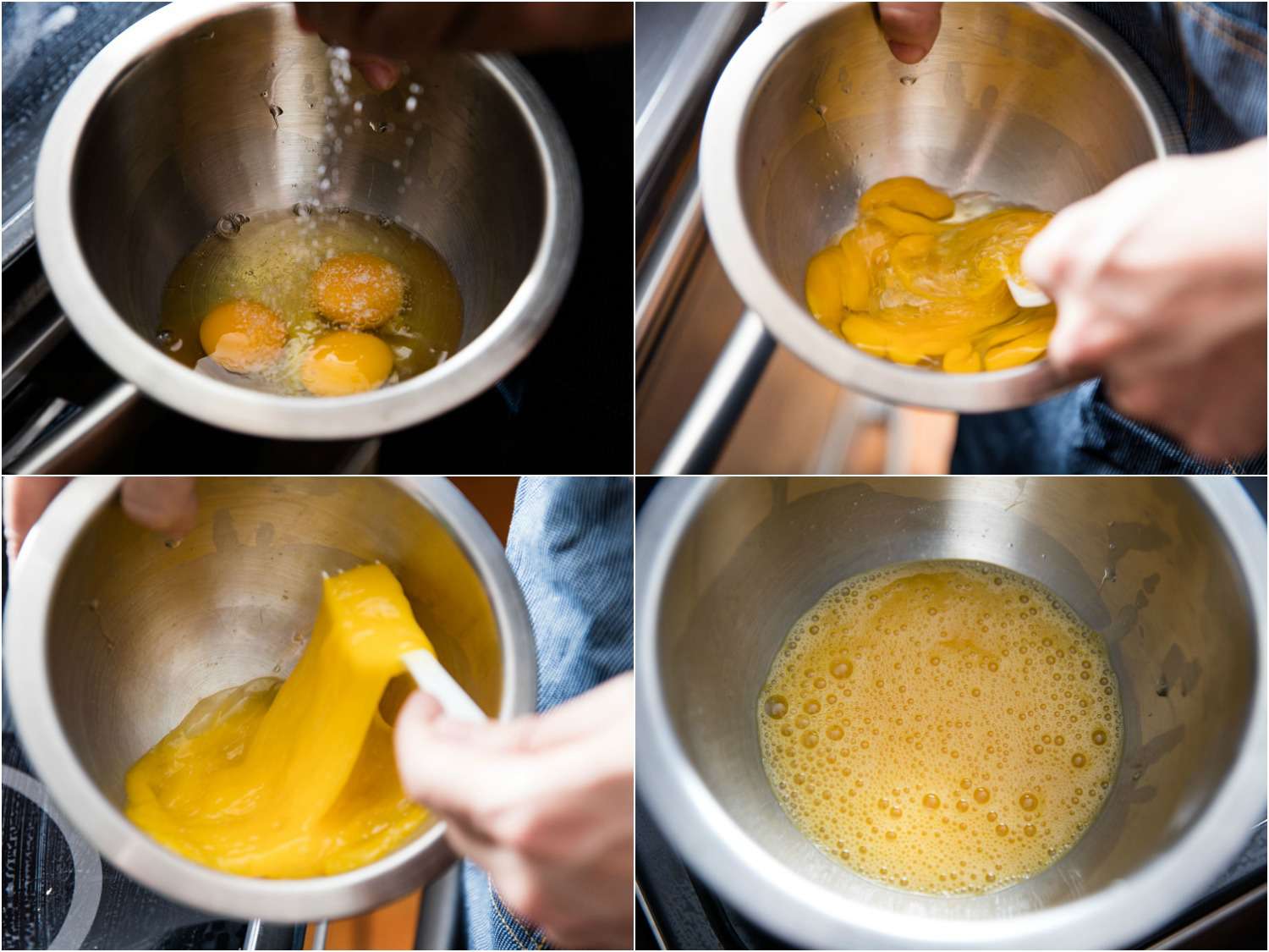 制作法式煎蛋卷的鸡蛋拼贴照片:在碗里放盐鸡蛋，用叉子搅拌，直到混合均匀，鸡蛋打出泡沫gydF4y2Ba