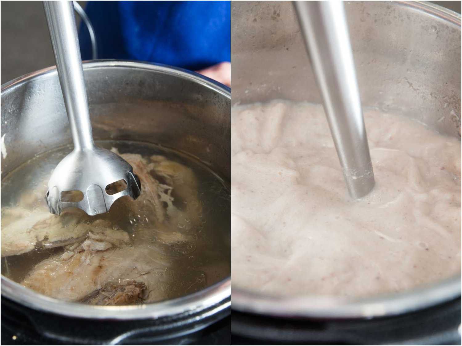 并排的浸入式搅拌器被淹没在压力烹饪鸡汤和浸入式搅拌器混合肉汤。