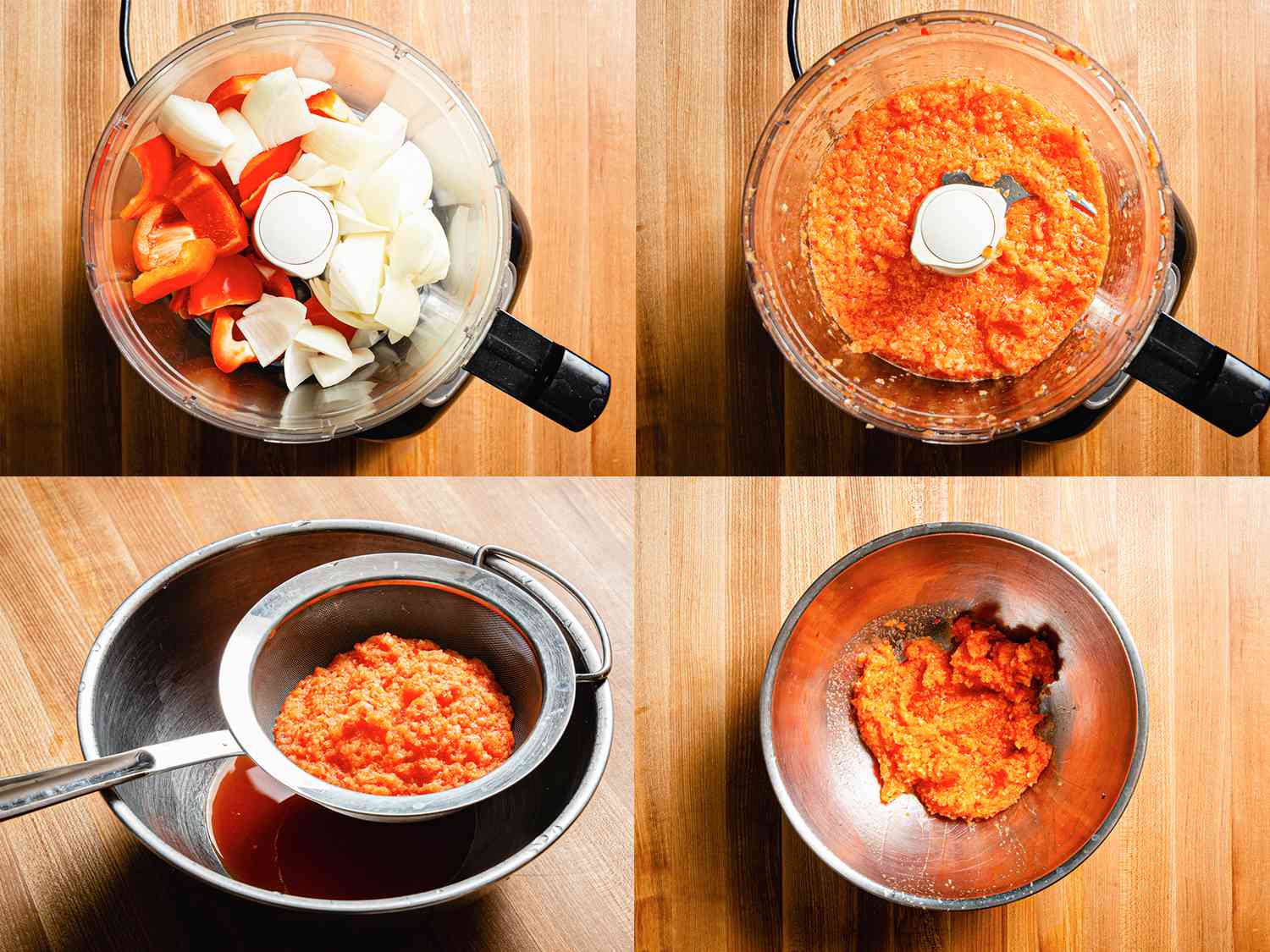 四张图片拼贴，分别是辣椒和洋葱在食品加工前后的对比，混合后的过滤，混合后的液体在金属碗中取出