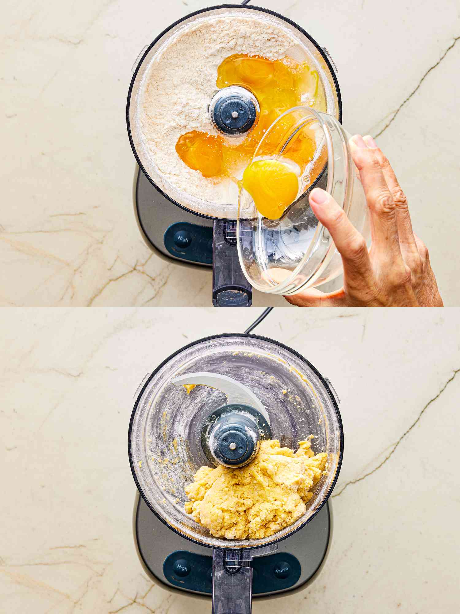 Two image collage of adding egg to flour in a food processor and forming a douhg