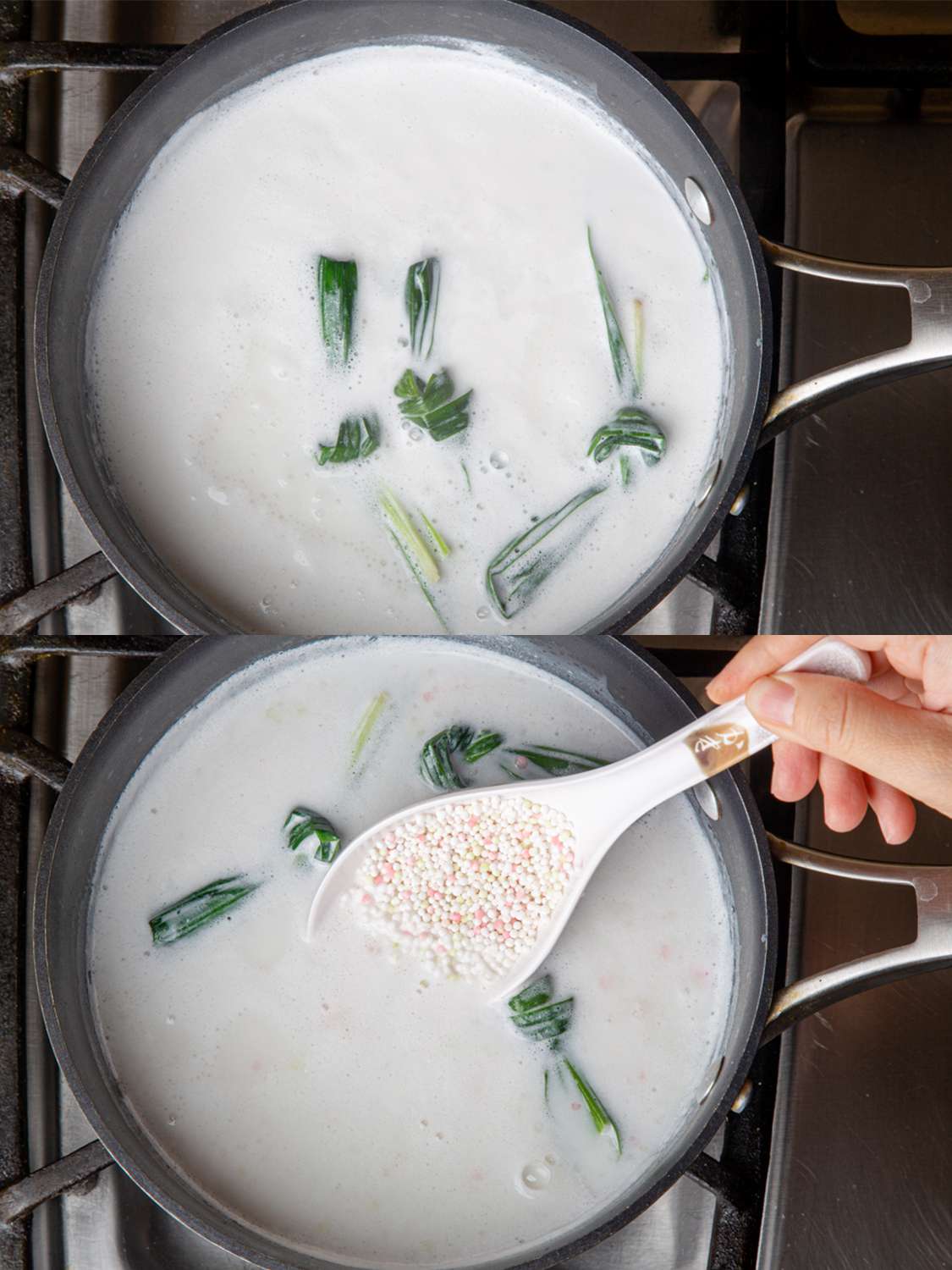 两个图片拼贴的熊猫兰，牛奶和糖混合在一个锅上的炉子上，然后加入木薯珍珠混合物