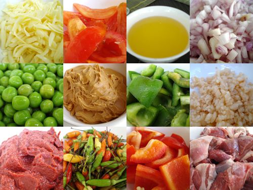 一组照片展示了kaldereta的配料，包括西红柿华体会应用下载、青葱、豌豆、甜椒、辣椒和山羊肉等。