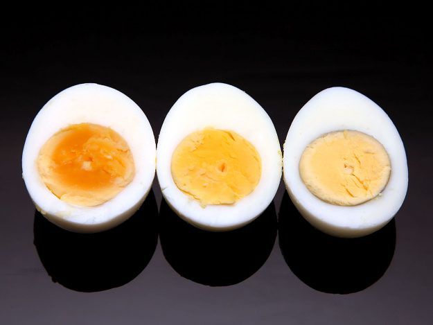 Comparison of eggs pressure cooked for 5, 6, and 7 minutes.