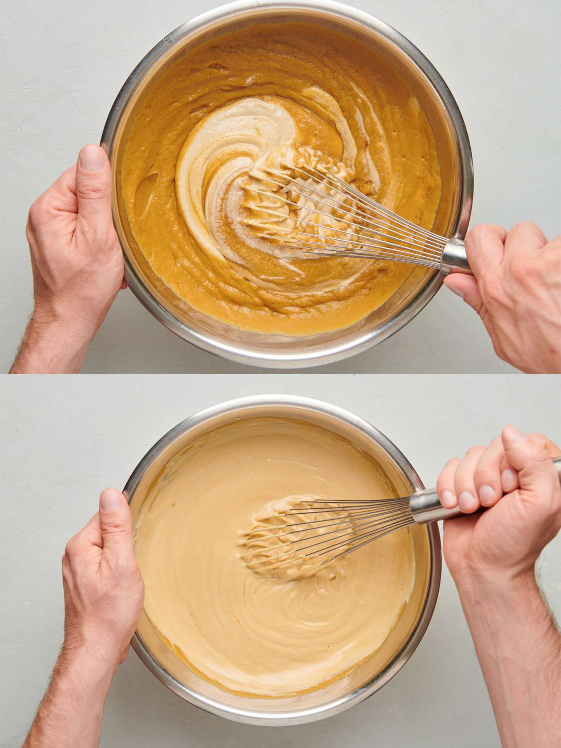 A two-image collage. The top image shows tahini being whisked into the still-hot chickpea mixture inside a large bowl. The bottom image shows the now-formed hummus inside of the metal bowl.