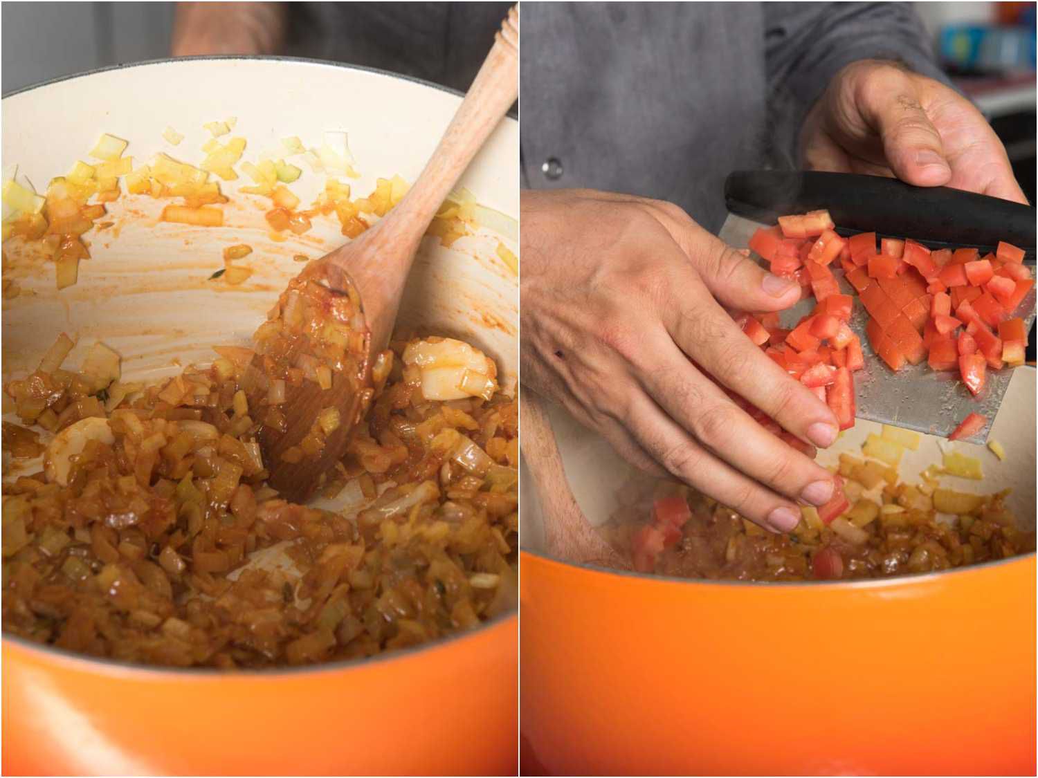 A collage: stirring in tomato paste for bouillabaisse base and adding diced tomatoes.