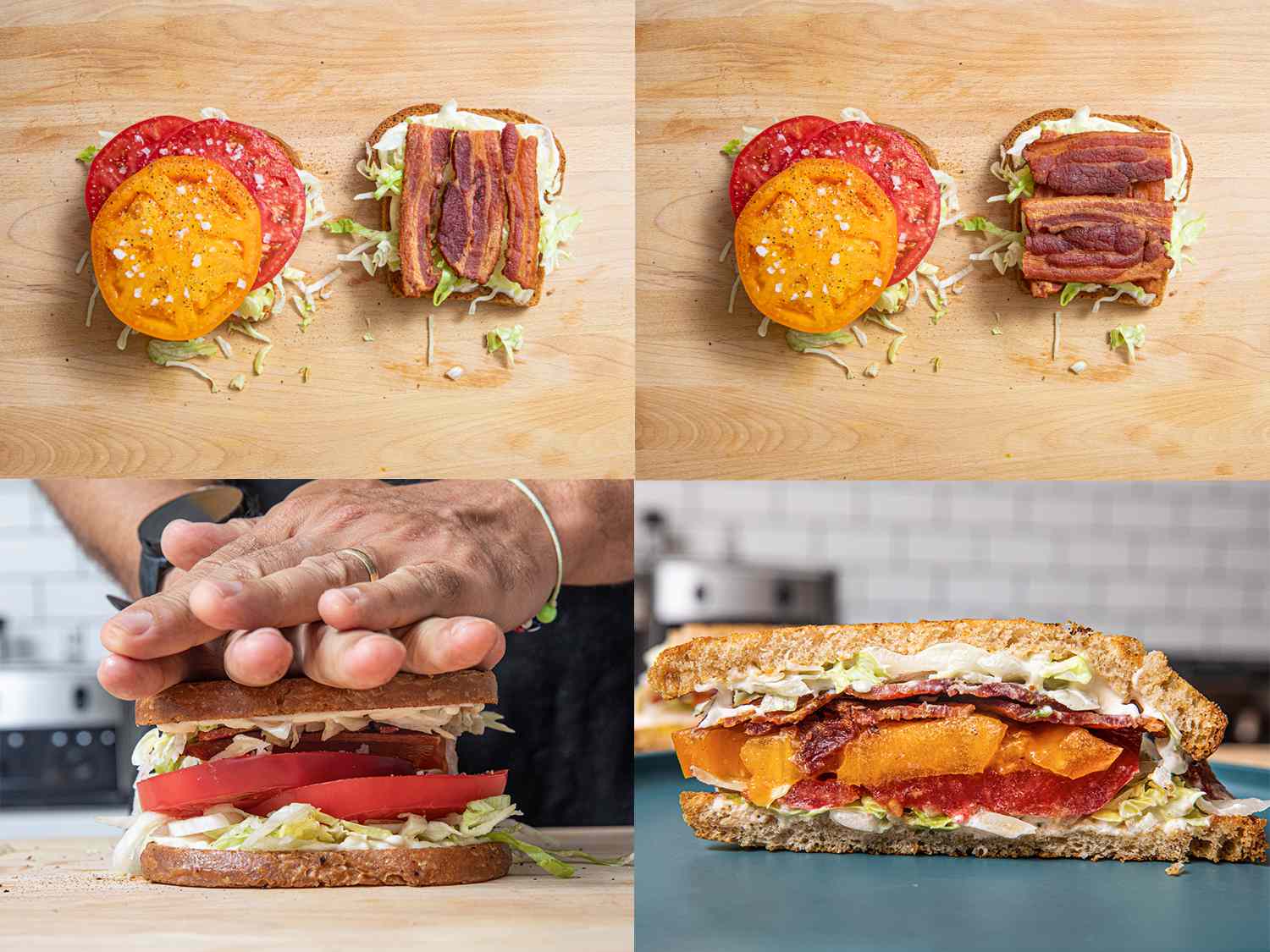 四个图像拼贴。左上:三明治两面的俯视图，一边是咸番茄，另一边是三条培根。右上:打开的三明治里又加了三片培根。左下:双手按下完成的三明治。右下:三明治的横截面