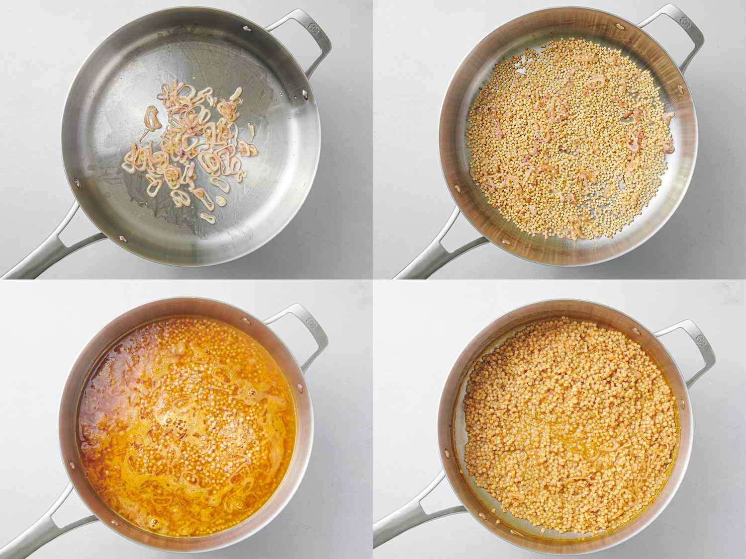 A collage of shallot softened inside 12-inch stainless steel skillet, couscous lightly toasted, broth maintaining a simmer, and tender couscous