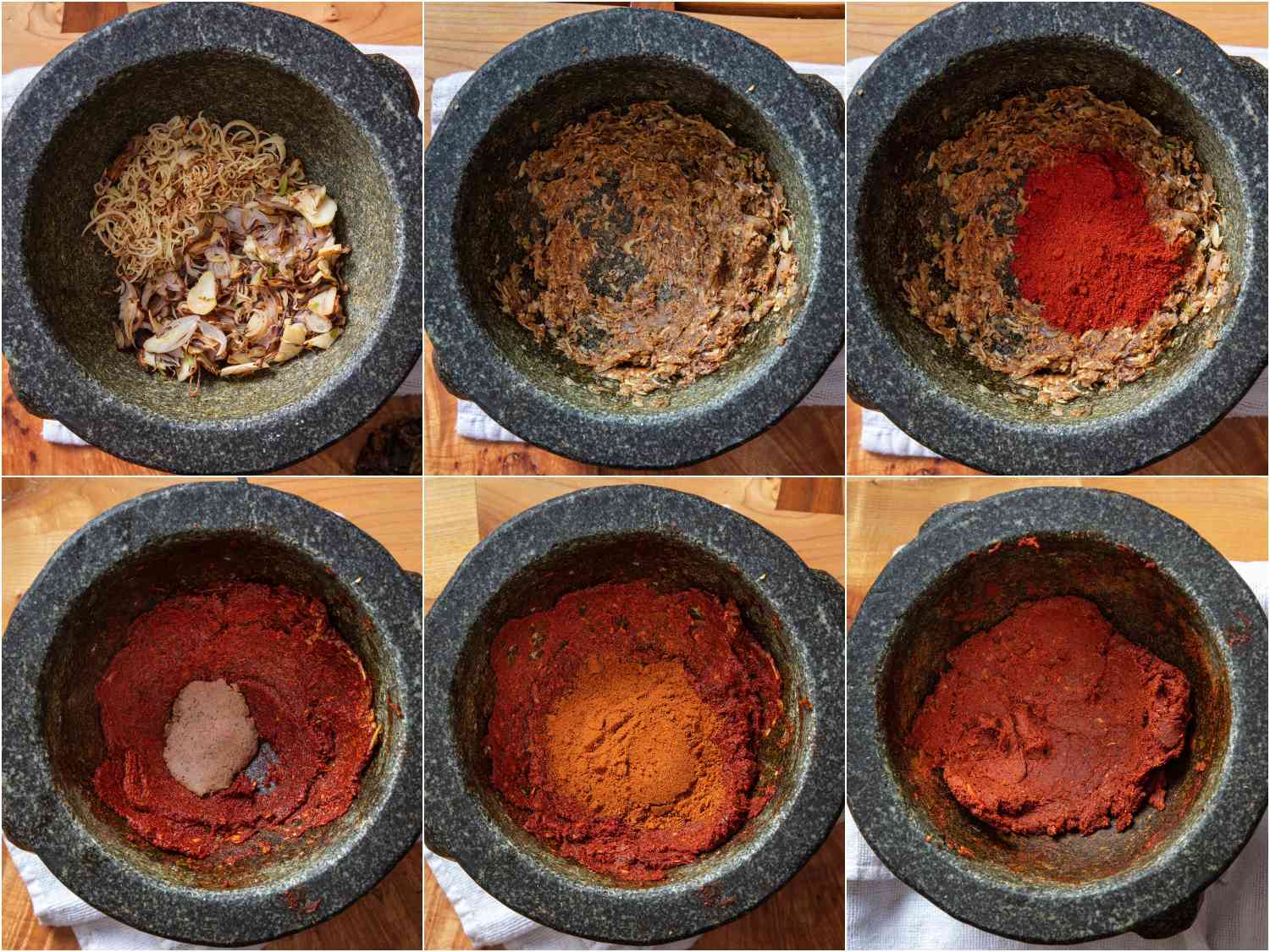 collage: adding ingredients one at a time to mortar, showing a paste being formed