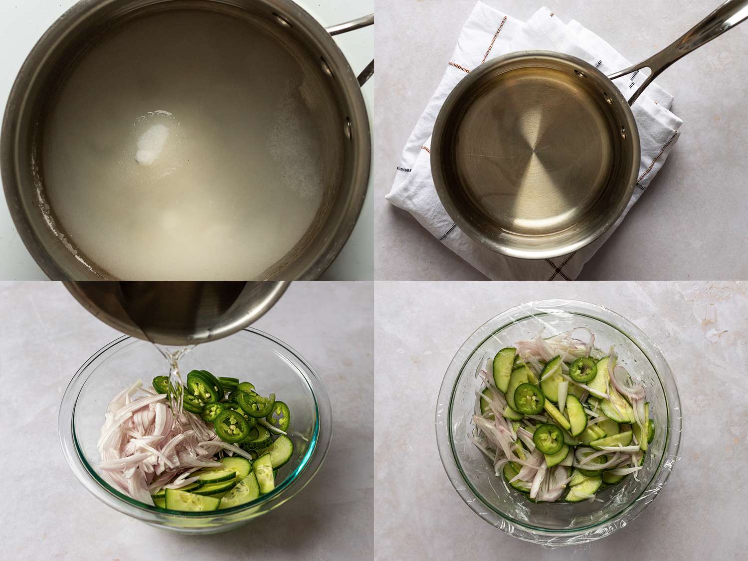 A four-image collage. The top-left image shows sugar, vinegar, water, and salt combined in a small saucepan over medium heat, with the sugar and salt not yet dissolved. The top-right image shows the saucepan, now removed from the heat, with the sugar and salt completely dissolved into the vinegar and water to form a brine. The bottom-left image shows the cooled brine being poured over the sliced vegetables which are inside of a glass mixing bowl. The bottom-right image shows the vegetables and brine inside of the glass mixing bowl, which is now covered with plastic wrap.