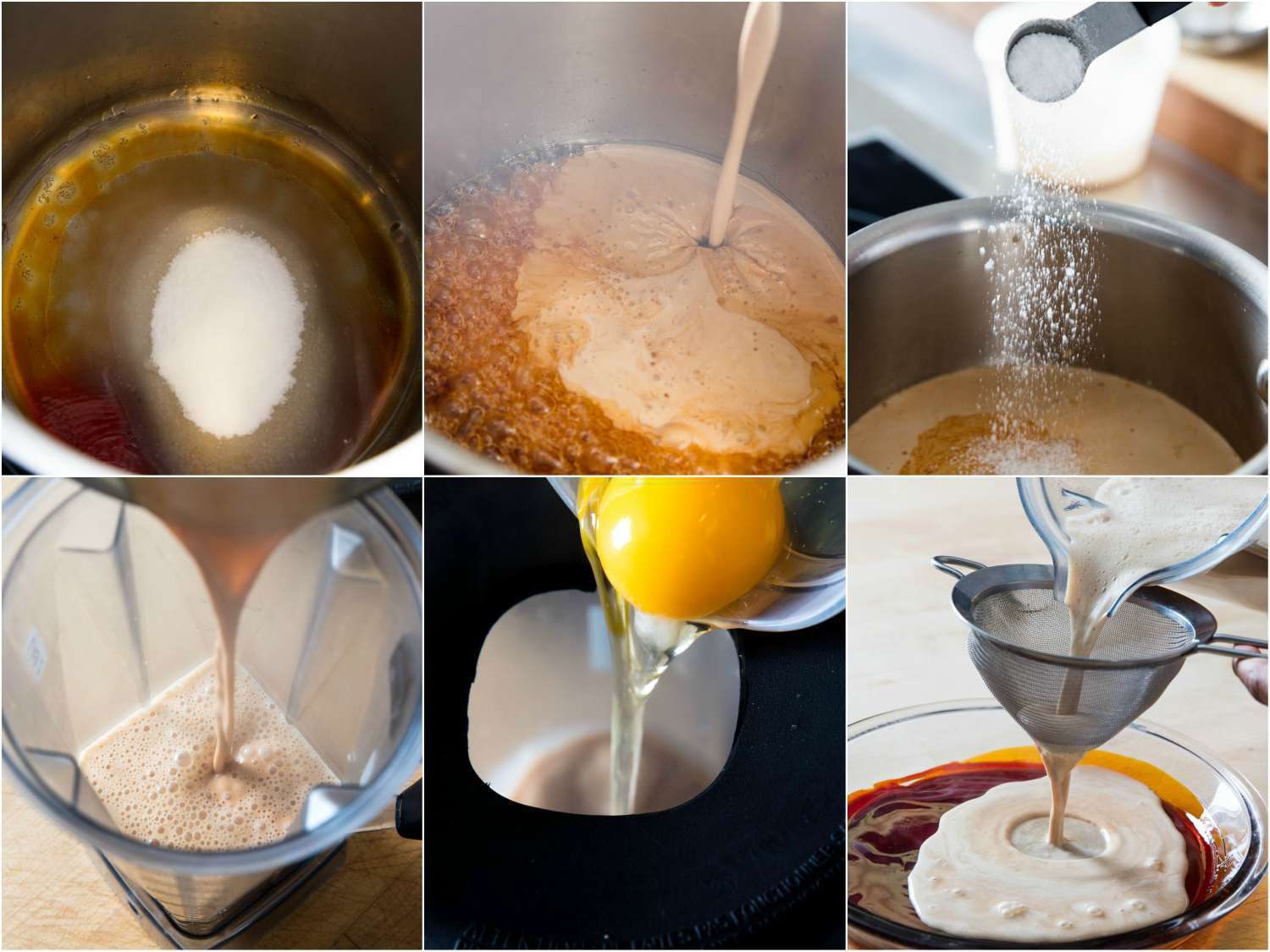 拼贴:在同一个锅里把糖做成焦糖糖浆，在锅里加入奶油和盐。下一步是把焦糖、奶油和牛奶混合物倒进搅拌机里，使鸡蛋变热。把搅拌器开到小火，在搅拌器运转的同时，加入整个鸡蛋、蛋黄、盐和香草精。gydF4y2Ba