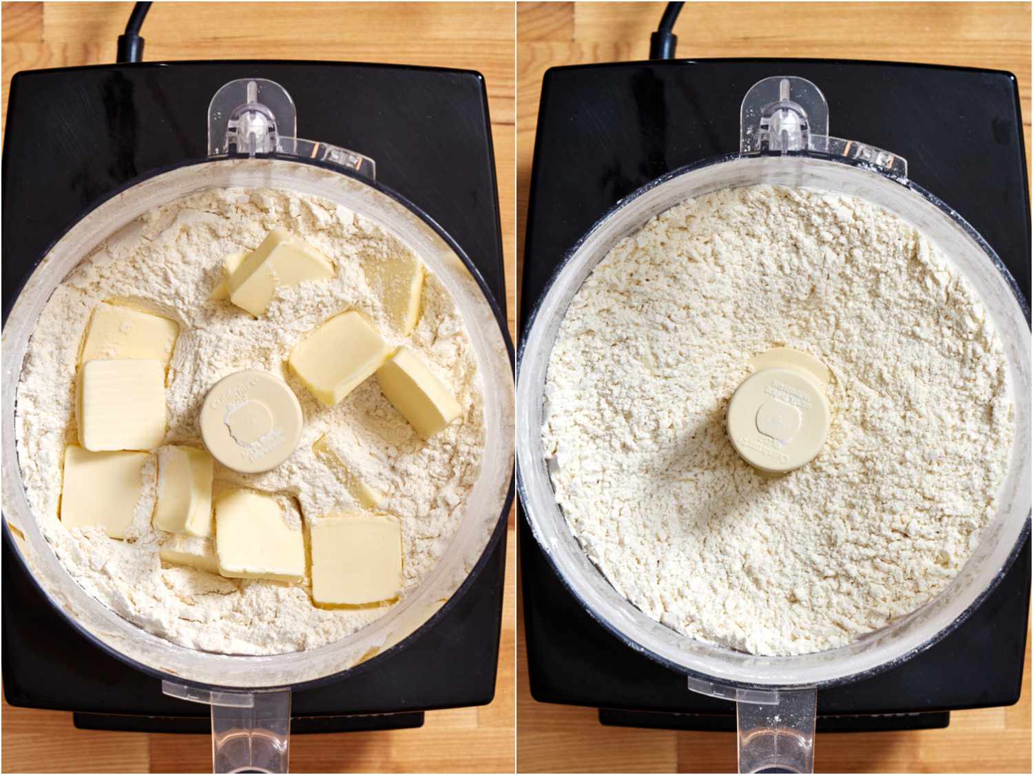 A collage: squares of butter and a flour mixture before and after pulsing to produce a coarse texture