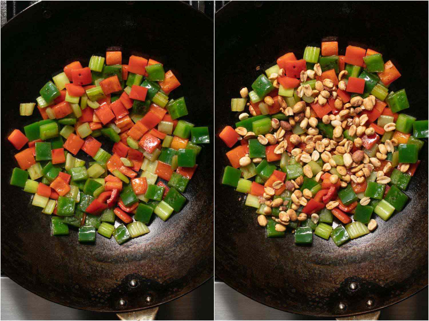 拼贴图展示了用青椒和芹菜煸炒，然后加入花生，做成外带式宫保鸡丁。gydF4y2Ba