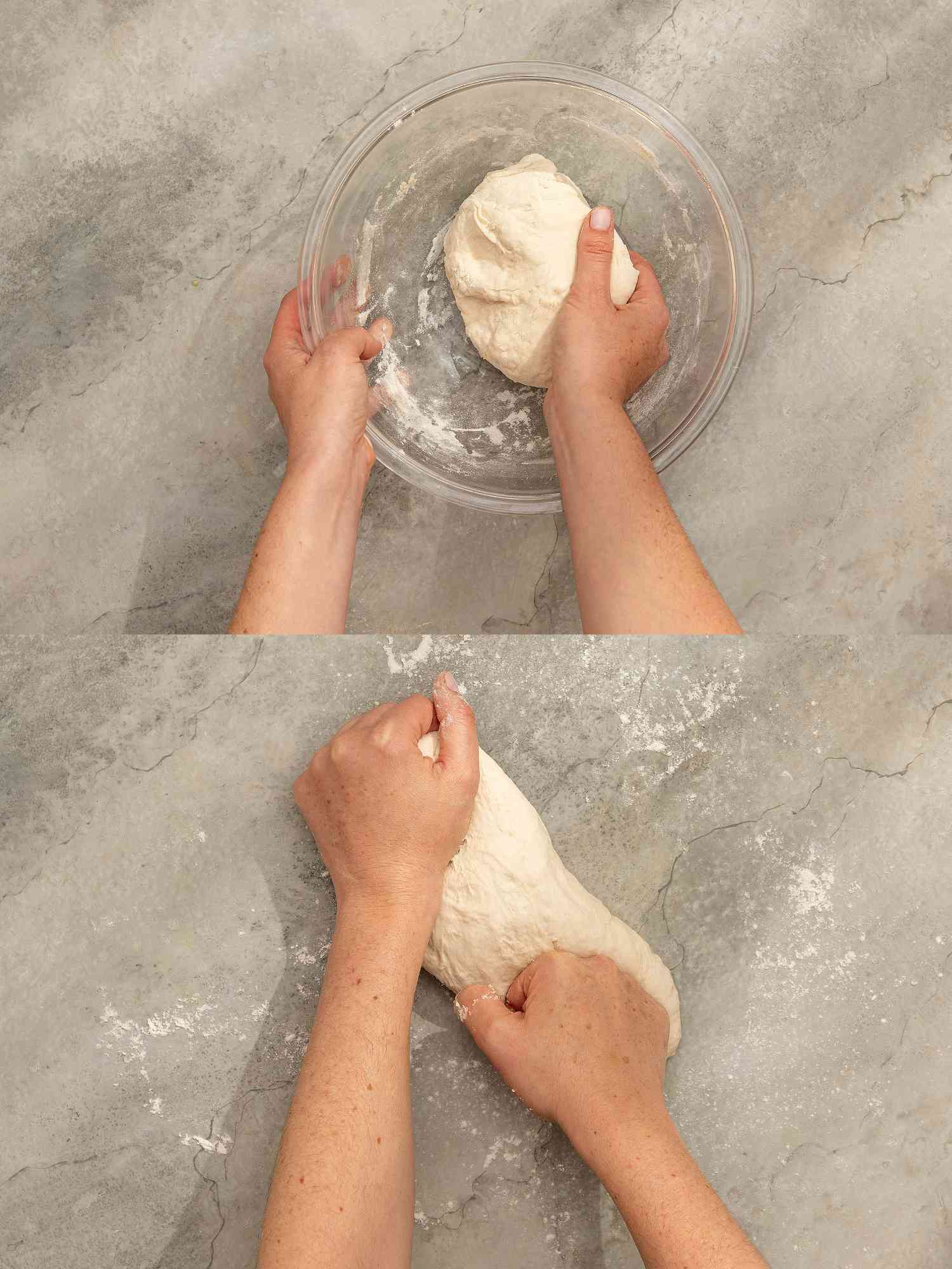 Two image collage of kneading dough in work bowl and kneading on floured surface