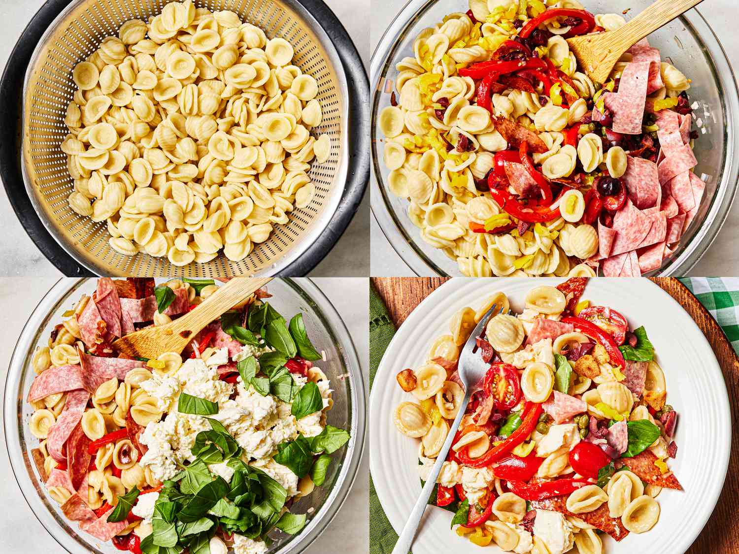 Four image collage of adding all ingredients to a pasta