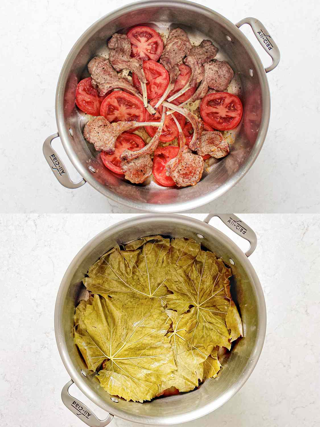 两个图像拼贴。上:羊肉和番茄在锅底分层。下:羊肉和番茄层覆盖葡萄叶