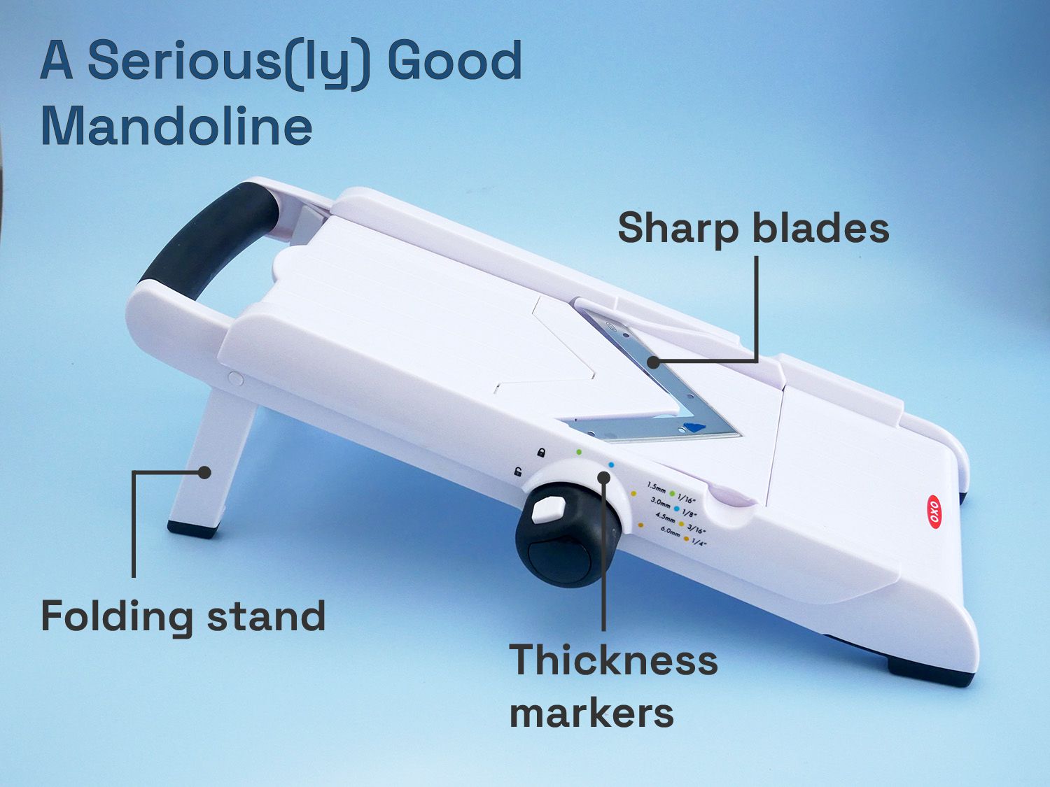 A Seriously good mandoline: sharp blades, folding stands, thickness markers