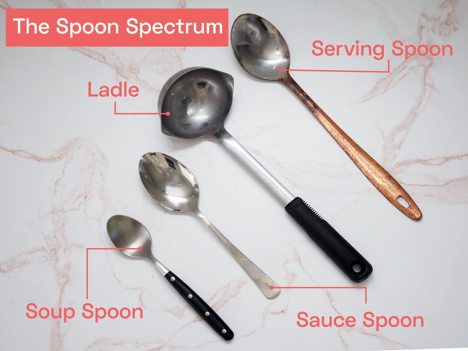 勺子谱:汤勺、酱勺、大勺和上菜勺在白色和粉色大理石背景上