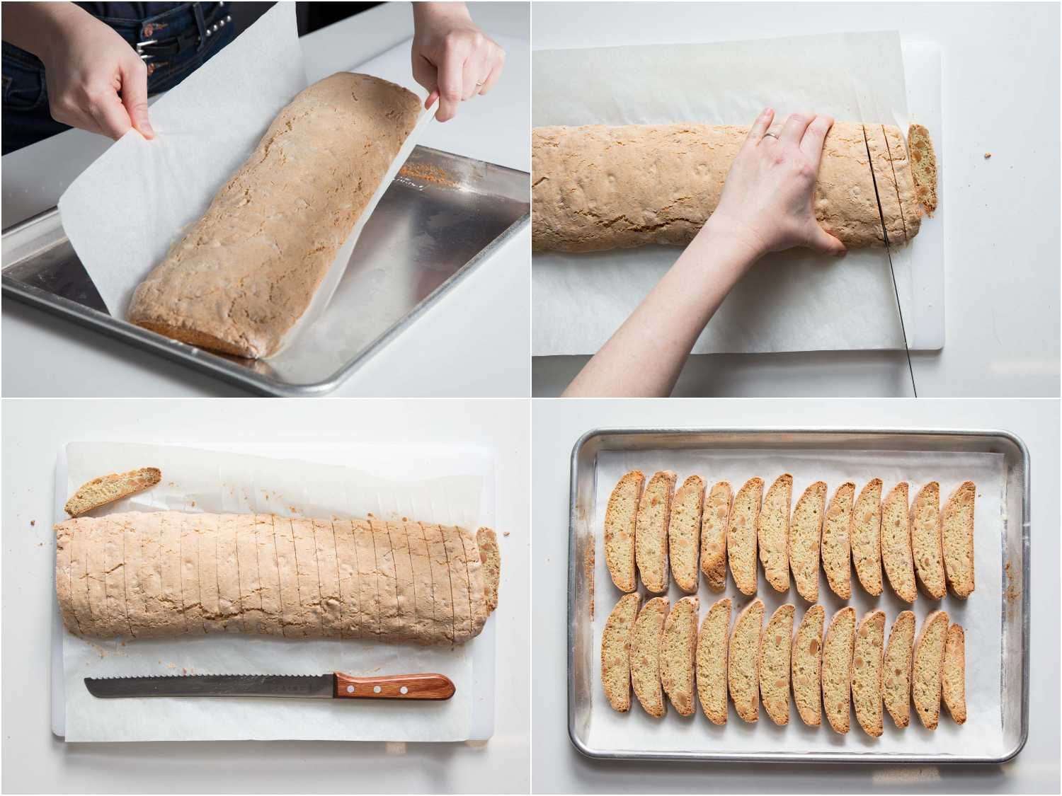 Collage of slicing the biscotti and laying the slices flat on a parchment-lined baking sheet.