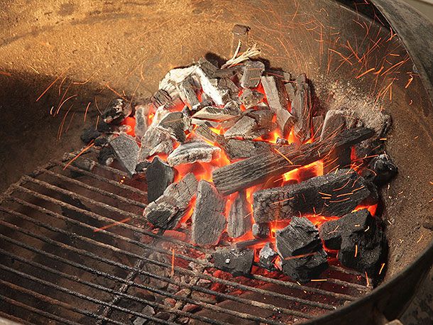 有一个烟囱那么大的木炭块，高堆在锅式烤架的一边。
