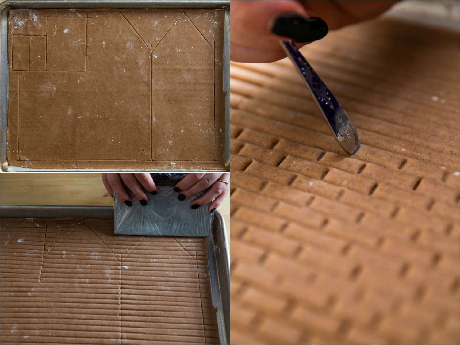 Collage of making walls for gingerbread house: wall cutouts in a tray of gingerbread, using a bench scraper to make rows of bricks, using the end of a spoon handle to create individual bricks