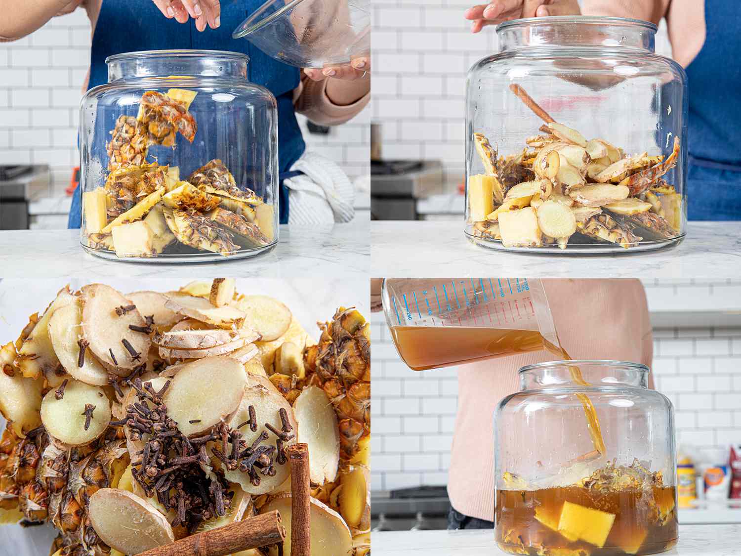 Four image collage of pineapple, ginger, and sugar mixture being added to a gallon jug