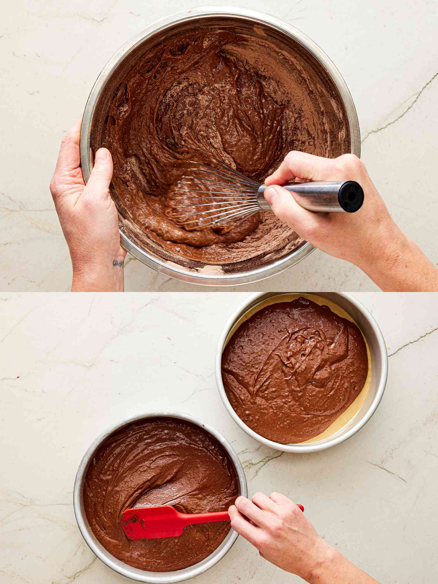 Two image collage of mixing ingredients and spreading into two cake pans