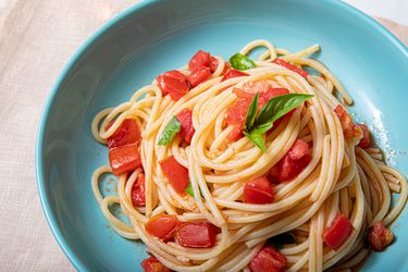 Overhead view of a bowl of pasta