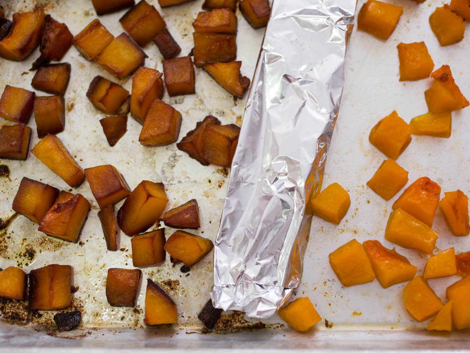 Comparison shot of butternut squash roasted with and without baking soda