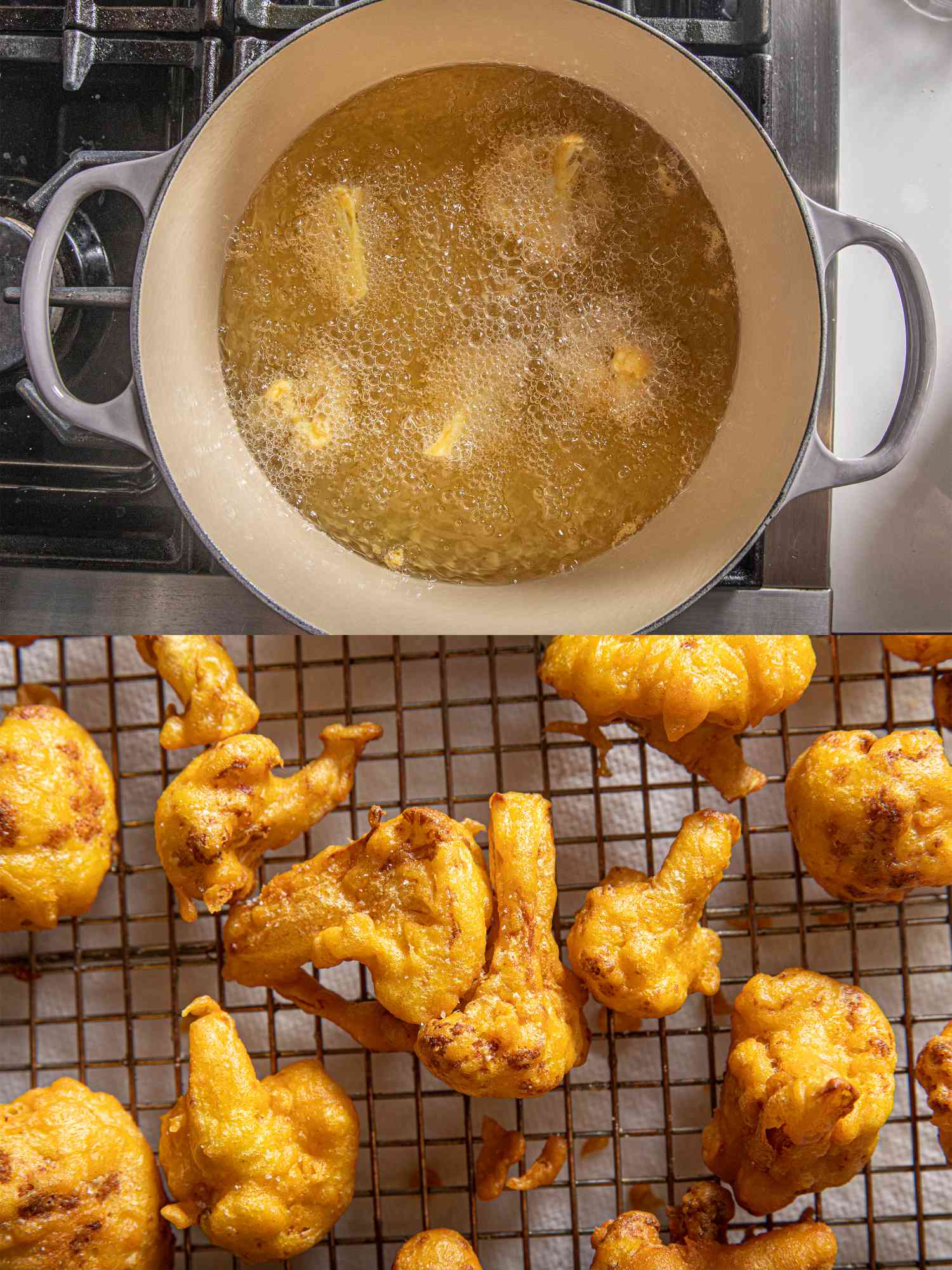 Two image collage of frying cauliflower florets and fried parokas resting on a wire rack